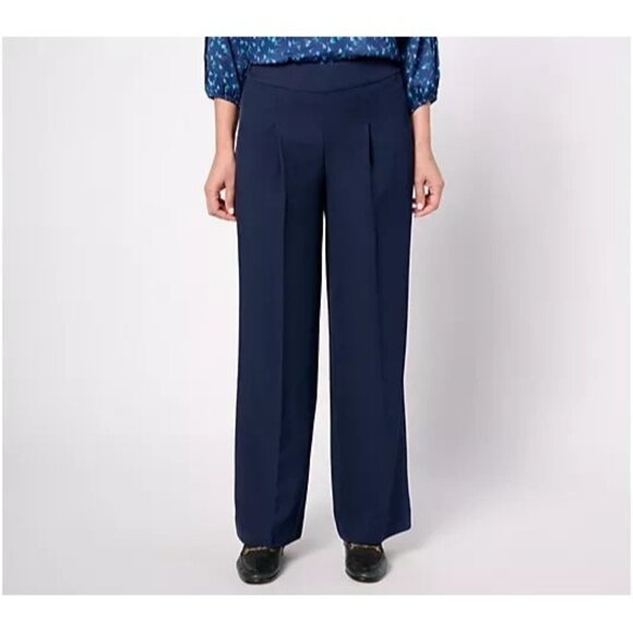 Isaac Mizrahi Live! Regular Timeless Twill Wide Leg Pants Dark Navy L A609795 - Picture 1 of 2